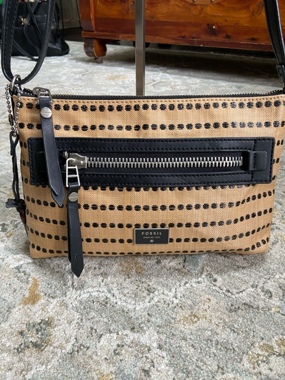 Fossil Dawson Woven Tan & Black Embroidered Crossbody